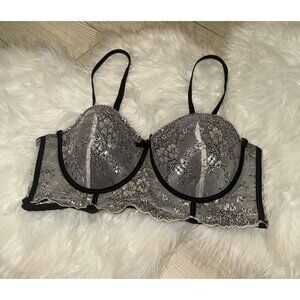 Jezebel J5675 Longline Lace Balconette Bra Padded UW Womens 36C Black Ivory